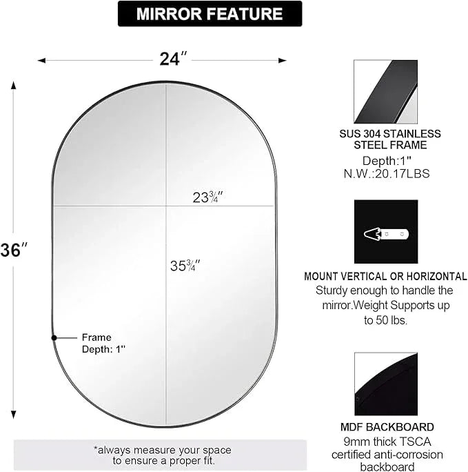 ANDY STAR Black Mirror Vanity, 24x36’’ Oval Mirrors for Bathroom, Black Oval Mirror, Pill Shaped Mirror, Vanity Mirrors Stainless Steel Metal Frame Wall-Mounted Ideal for Bathroom - ModernBath