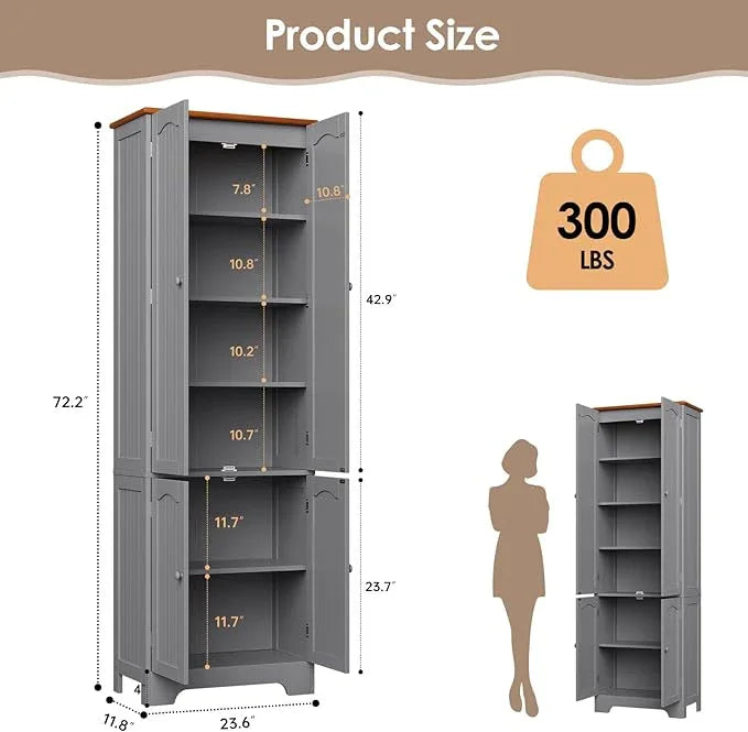 4 Door Pantry -72.2'' Kitchen Cabinet with Adjustable Shelves, Freestanding Cupboard, Tall Storage Cabinets for Dining Room, Living Room, Laundry, Bathroom, Entryway, Grey - ModernBath