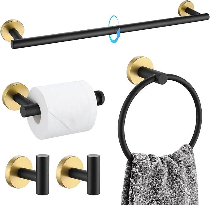 TQKAG Black and Gold Bathroom Accessory Set 5 Pieces, Round Stainless Steel Bath Towel Bar Set 23.6 Inch Towel Racks for Bathroom Wall Mounted - ModernBath