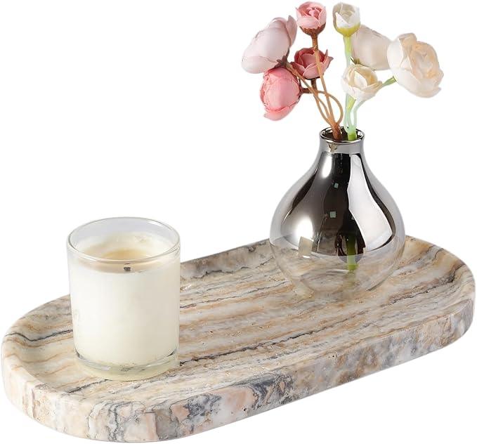 Koville Natural Marble Bathroom Tray for Decor Countertop, Marble Vanity Tray for Candles Perfume, Jewelry, Cosmetics, Stone Decorative Trays for Dresser Organizer(White Traonyx) - ModernBath