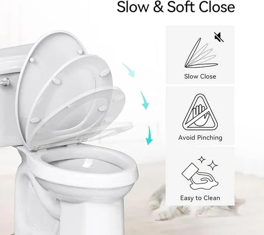 R&T Round Toilet Seat for Standard Toilet Bowl (16.5'') No-Slam Soft-Closing Quick-Release Hinge & Quick-Attach Hardware Never Loosen Plastic White - ModernBath