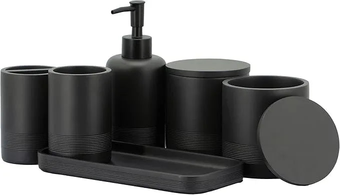 ZCCZ Black Matte Bathroom Accessories Set 6 Pieces - Toothbrush Holder, Lotion Dispenser, Qtip Container, Vanity Tray, Tumbler - Countertop Organizer for Bathrooms - Elegant and Functional Décor Set - ModernBath