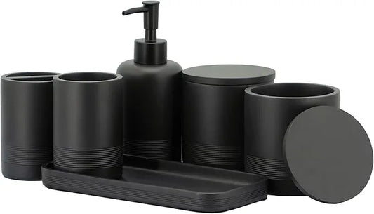 ZCCZ Black Matte Bathroom Accessories Set 6 Pieces - Toothbrush Holder, Lotion Dispenser, Qtip Container, Vanity Tray, Tumbler - Countertop Organizer for Bathrooms - Elegant and Functional Décor Set - ModernBath