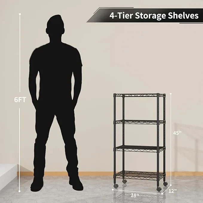 Small 4 Tier Shelves Storage Wire Shelving Unit Metal Shelf Adjustable Organizers Storage Shelving with Wheels for Bathroom Laundry Room Kitchen Pantry12”D x 18”W x 44.8”H Black - ModernBath