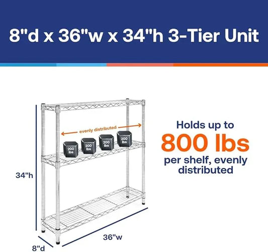 Shelving Inc. 8" d x 36" w Chrome Wire Shelving with 3 Tier Shelves, Weight Capacity 800lbs Per Shelf - ModernBath