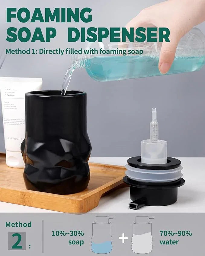 BosilunLife Hand Soap Dispenser - Foam Soap Dispenser Bathroom Ceramic Dish Liquid Soap Dispenser for Kitchen, Bathroom Countertop Soap Dispensers (Black-Foam-Sculpt) - ModernBath