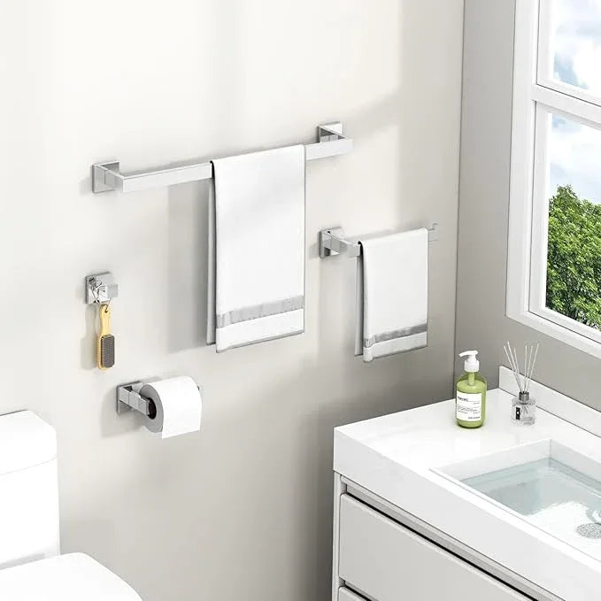 Suyar Polished Chrome Bathroom Hardware Set 4 Pieces, 304 Stainless Steel Bathroom Accessories, Include Robe Hook, Toilet Paper Holder, Hand Towel Holder, Bath Towel Bar - ModernBath