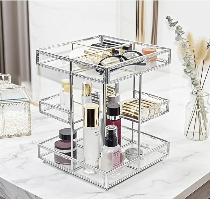 Hersoo 360 Degree Rotation Cosmetic Organizer -Premium Makeup Storage with Spin Base,Antique Countertop Cosmetic Storage,Large Capacity,Beauty Display for Countertop,Vanity or Bathroom (silver) - ModernBath
