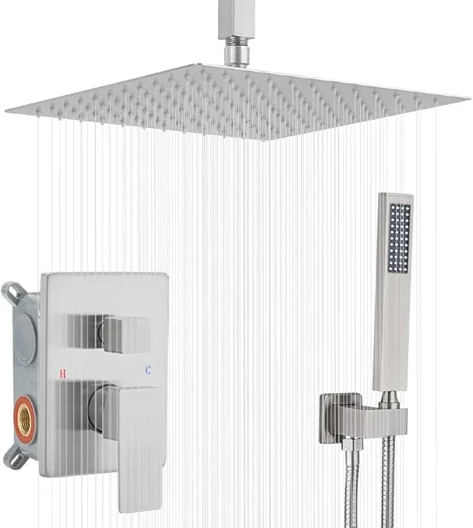 Heable Brushed Nickel Shower System Bathroom 12 Inch Rain Shower Head Ceiling Mount with Handheld Luxury High Pressure Shower Combo Set Shower Faucet Rough-in Valve Body and Trim Kit - ModernBath
