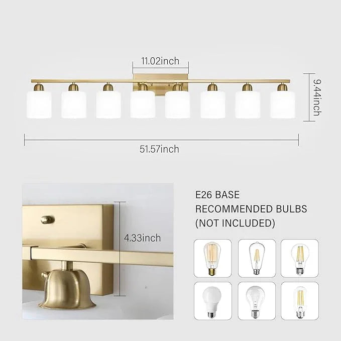 8 Light Bathroom Light Fixtures Gold for Big Mirror, Brushed Gold Vanity Lights for Bathroom with Milky White Frosted Glass Shades, 51 inch Wall Sconce for Mirrors Living Room Bedroom - ModernBath