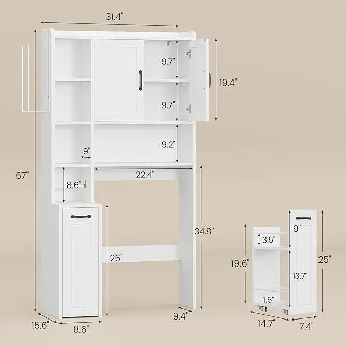 Over The Toilet Storage Cabinet with Pulley, Bathroom Cabinet, Space Saver W/Adjustable Shelf Rack for Bathroom, Restroom, Laundry (White-Type B) - ModernBath