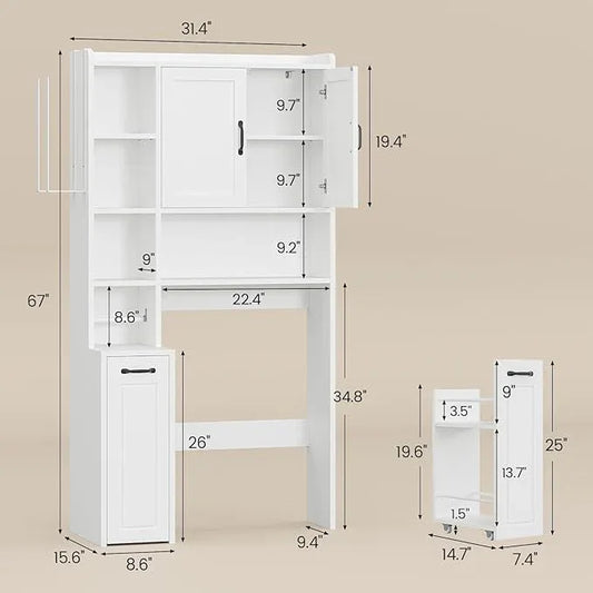 Over The Toilet Storage Cabinet with Pulley, Bathroom Cabinet, Space Saver W/Adjustable Shelf Rack for Bathroom, Restroom, Laundry (White-Type B) - ModernBath
