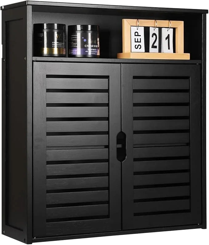 HYNAWIN Wall-Mounted Black Bathroom Cabinet with Double Doors, Bamboo Storage Shelf Organizer for Kitchen, Living Room, or Bathroom - ModernBath