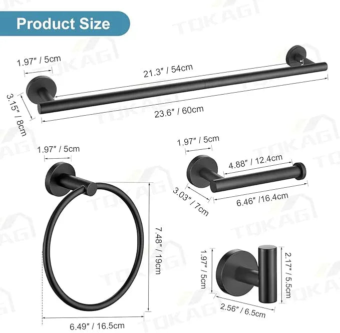 TQKAG Matte Black Bathroom Hardware Set 5 Pieces, SUS304 Stainless Steel Towel Bar Set Round Bathroom Towel Rack Set Wall Mounted - ModernBath