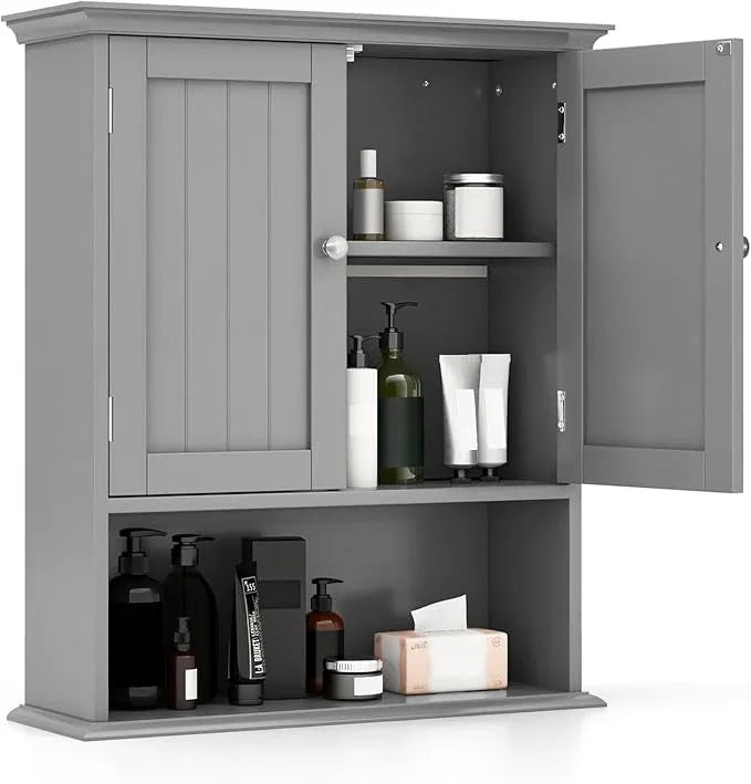 Giantex Wall Mounted Medicine Cabinets - Above Toilet Bathroom Cabinet with Adjustable Shelf, Open Shelf, Over The Toilet Space Saver Storage Cabinet for Laundry Room, Kitchen, Cupboard (Gray) - ModernBath