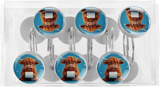 Funny Highland Calf Shower Curtain Hooks Rings, Stainless Steel Rust Proof Shower Curtain Hooks, Decorative Shower Hooks for Bathroom Shower Rods Curtains, Set of 12 - ModernBath