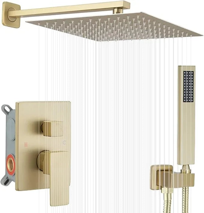 JingGang Brushed Gold Shower System 12 Inch Bathroom Luxury Rain Mixer Shower Combo Set Wall Mounted Rainfall Shower Head and Handheld System Shower Faucet Set Rough-in Valve Body and Trim Kit - ModernBath