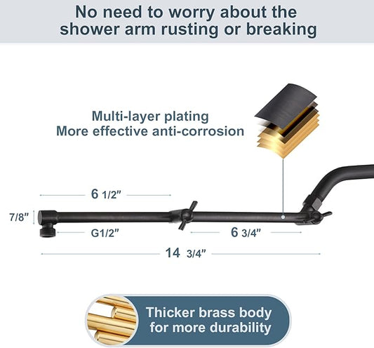 BRIGHT SHOWERS Brass Shower Arm Extender for Rain and Handheld Shower Head, 14 Inch Universal Shower Head Extension Arm, Adjustable Height & Angle, Oil-Rubbed Bronze
