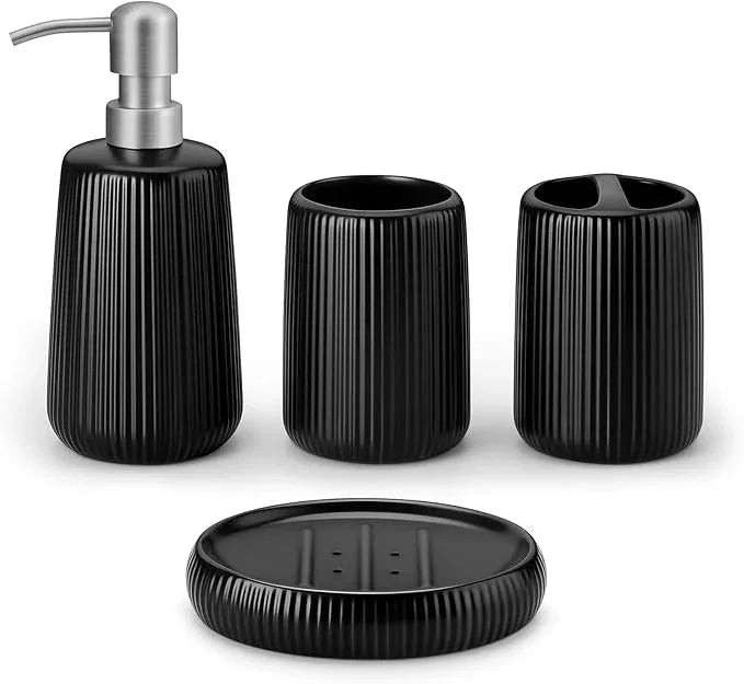 vancasso Ceramic Bathroom Accessories Set 4 Piece, Soap Dispenser with Stainless Steel Pump, Toothbrush Holder, Tumbler and Soap Dish, Modern Relief Design, Bathroom Decor Organizer, Black - ModernBath