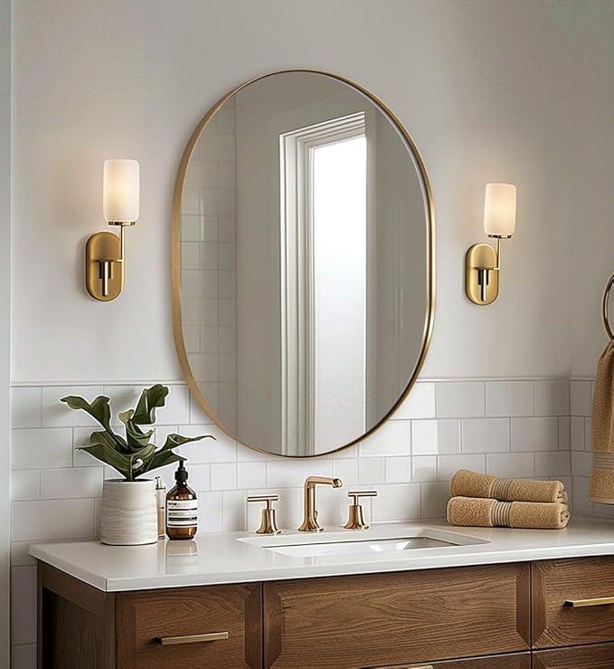 ANDY STAR Oval Bathroom Mirror, 24x32’’ Gold Oval Mirror Pill-Shaped Design in Stainless Steel Metal Frame for Bathroom, Entryway, Living Room, Contemporary 1" Deep Wall Mount Vertical or Horizontal - ModernBath