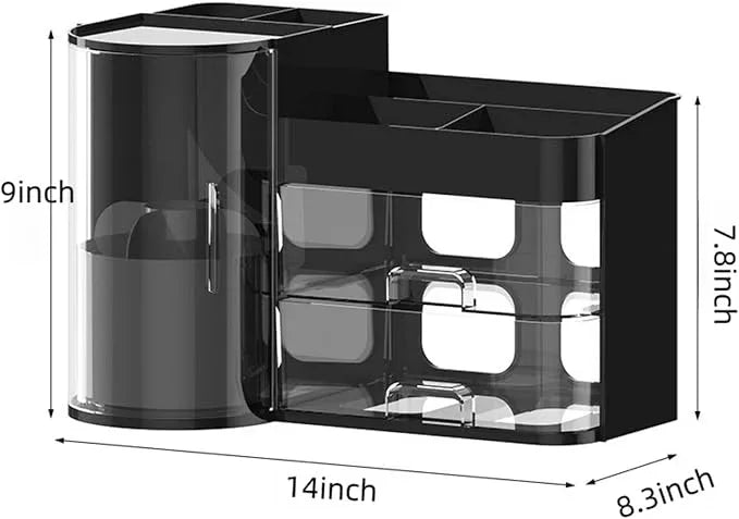 Makeup Organizer with Rotating Brush Holder Cosmetic Organizer with Drawers Countertop Skincare Organizer for Vanity,Cosmetic Display Case Storage (Black, Large) - ModernBath