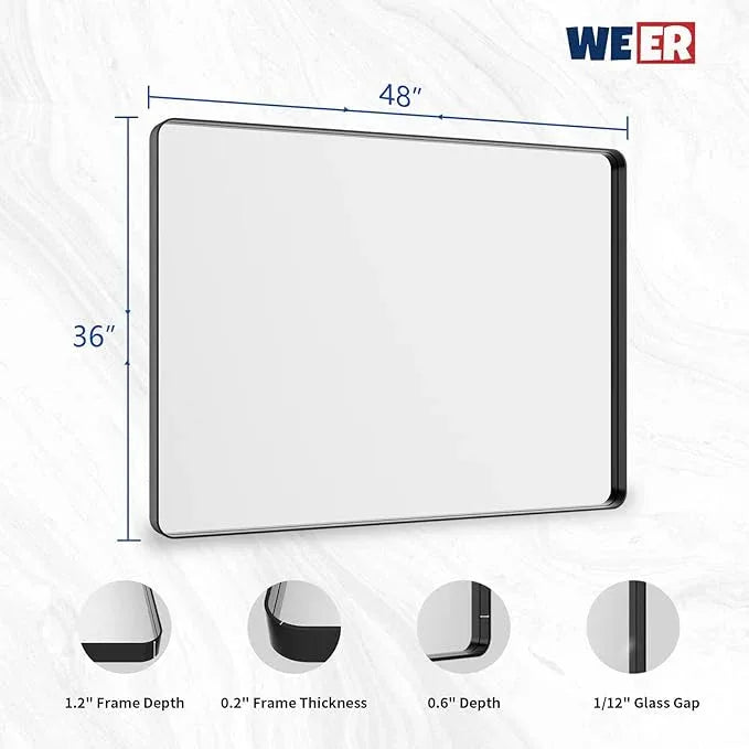 WEER Black Bathroom Mirror 48X36 Inch, Matte Black Bathroom Vanity Mirror Farmhouse, Large Rounded Rectangle Black Metal Framed, Anti-Rust, Tempered Glass, Hangs Horizontally or Vertically - ModernBath