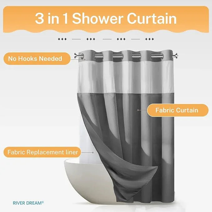 River Dream Heavyweight No Hooks Required Dotted Waffle Weave Shower Curtain with Snap in Liner - 71W x 80H,Hotel Grade,Spa Like Bath Curtain,Gray - ModernBath