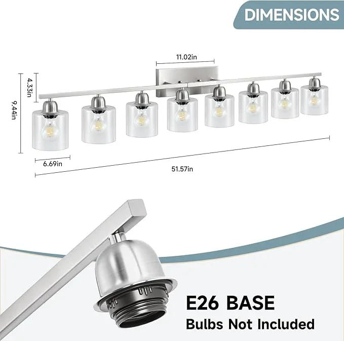 FAISHILAN Modern Brushed Nickel 8 Light Bathroom Light Fixtures,52 inch Vanity Lights for Bathroom with Clear Glass for Mirror Kitchen Living Room Hallway Cabinet Porch - ModernBath