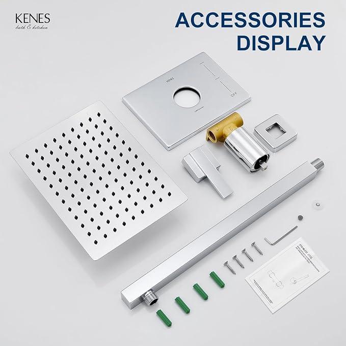 KENES Modern Polished Chrome 10-Inch Shower Head and Handle Set, Square Shower Faucet Set Bathroom Rainfall Shower System, KE-6024B-5 (Shower Valve Included) - ModernBath