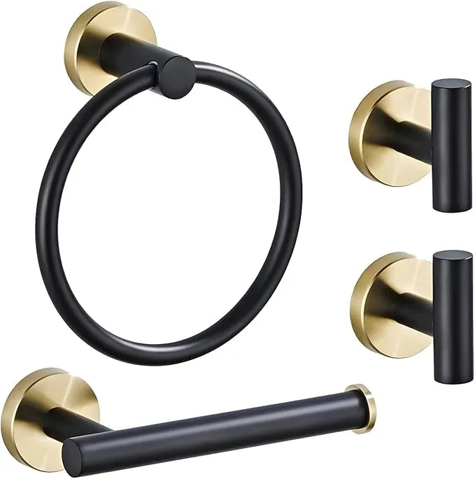 Bathroom Hardware Set 4 Piece Black&Gold Wall Mounted Stainless Steel Hardware Towel Bar Set Gold Bathroom Accessories Towel Rack Set Kit Includes Hand Towel Ring, Toilet Paper Holder, 2 Robe Hook - ModernBath