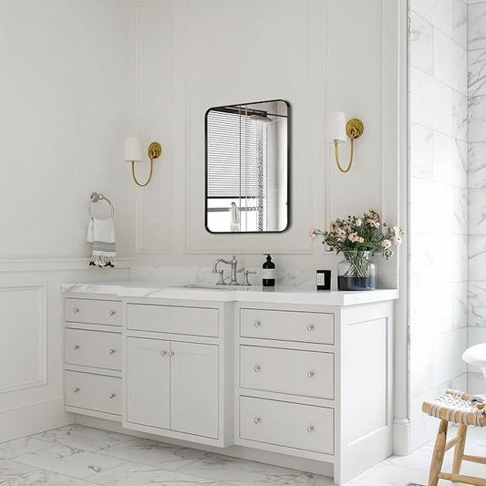 Minuover Wall Mount Mirror for Bathroom, Brushed Black Metal Framed Rounded Corner Rectangular Vanity Mirror (18" x 24", Black) - ModernBath