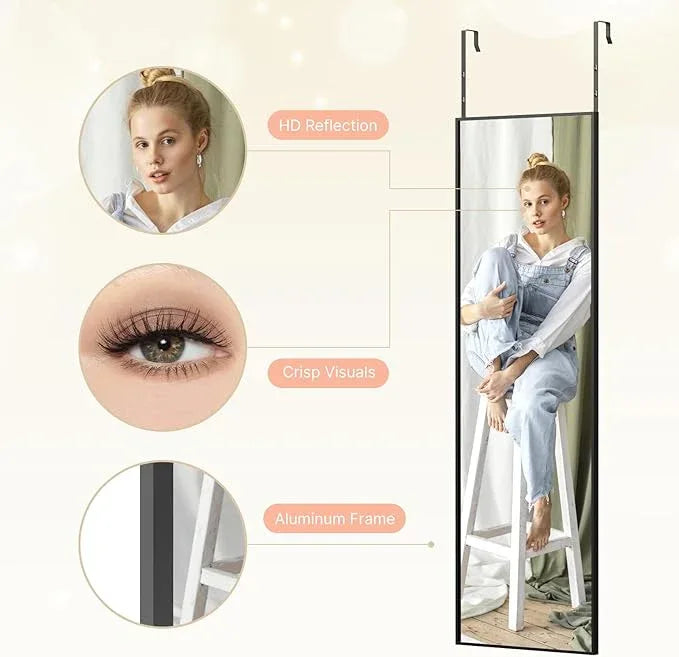 Kosmonia 48x14 Inch Full Length Tempered Glass Door Mirror - Over The Door Hanging, No Drill Installation, Suitable for Bedroom & Closet, Sturdy Hanging Design - ModernBath
