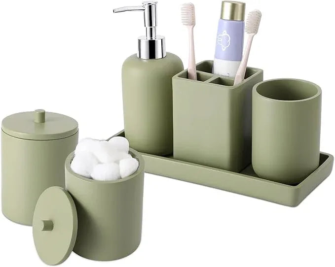 Resin 6 Pcs Green Bathroom Set Complete with Toothbrush Holder, Lotion Soap Dispenser, 2 Qtip Holder Dispensers,Vanity Tray,Bathroom Tumbler - Countertop Vanity Organizer - Bathroom Accessories - ModernBath