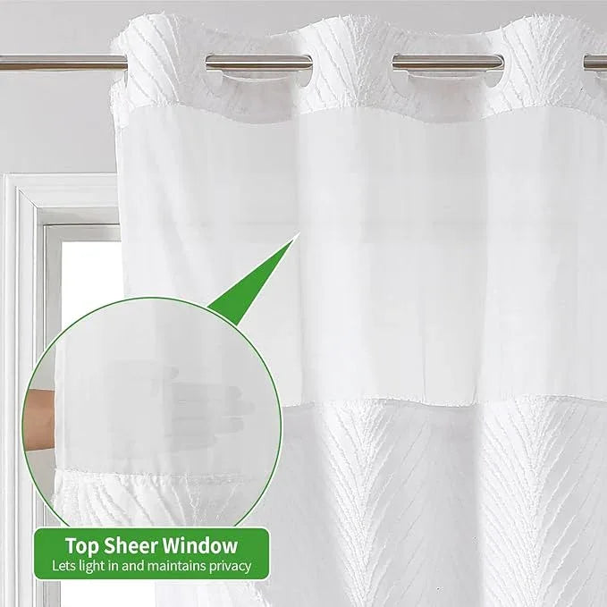 eachope no Hook Shower Curtain and Liner Set，Boho Style with See Through Top Window, White Fabric Tufted Striped Textured Outer Curtain & Waterproof Inner Liner, White, 71Wx77H - ModernBath