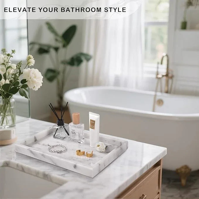 Homaura Marble Bathroom Tray for Countertop & Home Decor, Natural Decorative Marble Tray for Jewelry & Perfume Organizer, Luxury Stone Vanity Trays for Dresser, Kitchen Counter, 12" x 8", Starry White - ModernBath