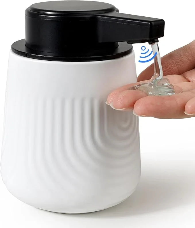 BosilunLife Ceramic Automatic Soap Dispenser with Extended Pump Nozzle, 3 Adjustable Levels, Touchless Lotion Liquid Hand Wash Dispenser for Bathroom & Kitchen, Embossed Wave Design, White, 10oz - ModernBath