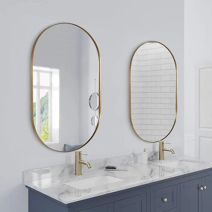 ANDY STAR Gold Oval Mirror, 24’’x36’’ Brass Mirror for Wall, Oval Mirrors for Bathroom in Stainless Steel Metal 1’’ Thin Frame Pill Shaped Hangs Vertical or Horizontal Ideal for Limited Space - ModernBath
