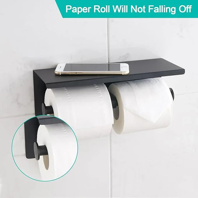 BGL Toilet Paper Holder with Shelf Matte Black, 304 Stainless Steel Wall Mount Toilet Tissue Roll Holder with Double Post for Bathroom, Commercial Toilet Paper Dispenser with Phone Shelf - ModernBath