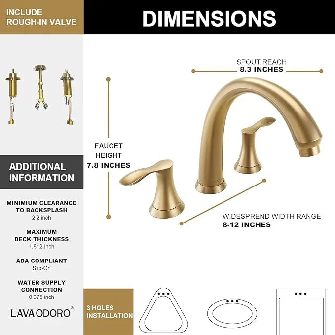 Lava Odoro 2-Handle Widespread Roman Tub Faucet, Bronze Gold Tub Faucet, Brass Roman Bathtub Faucet, Tub Filler, Valve Included, TF405-BB - ModernBath