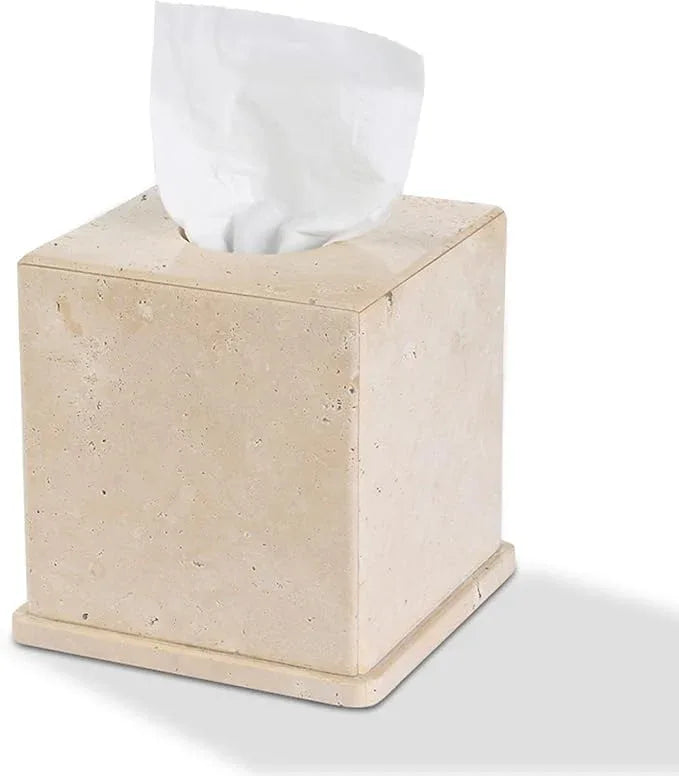 HAMAKAWA Natural Marble Tissue Box Cover, Beige Tissue Organizer 6 x 6 x 6 Inch, Heavy Stone Decorative Box, Square Tissue Box Holder for Home Decor, Kitchen, Bathroom, Bedroom - ModernBath
