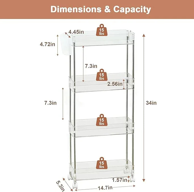 VECELO Acrylic 4-Tier Rolling Cart, Slim Utility Cart for Storage, Mobile Storage Cart with Lockable Wheels Hooks&Bucket for Office,Kitchen,Laundry Room Bathroom Living Room, Clear - ModernBath