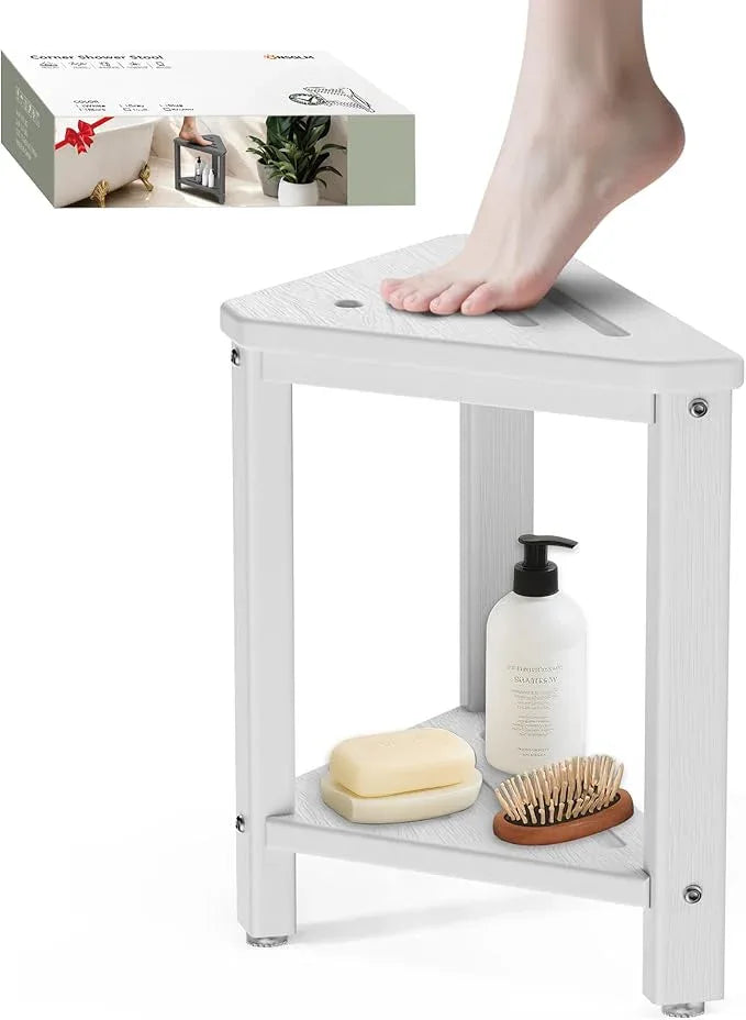Shower Foot Rest 15in, HDPE Waterproof Shower Stool for Inside Shower, Corner Shower Stool for Shaving Legs with Storage Shelf for Small Space, Shower Step Stool, Plastic Corner Shower Bench, White - ModernBath