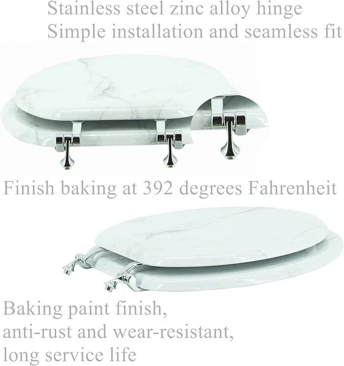 BLOFDE Round Toilet Seat Wood Toilet Seat Prevent Shifting with Zinc Alloy Hinges American Standard Size Toilet Seat Easy to Install also Easy to Clean(Round,Marble) - ModernBath