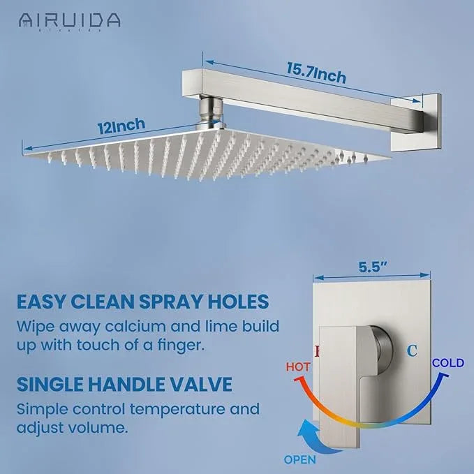 Airuida Shower Faucet Set Bathroom Rain Shower System SUS304 Stainless Steel Single Handle With Male Threads Rough-in Valve Shower Trim Kit 12 Inch Wall Mount Shower Head Brushed Nickel - ModernBath