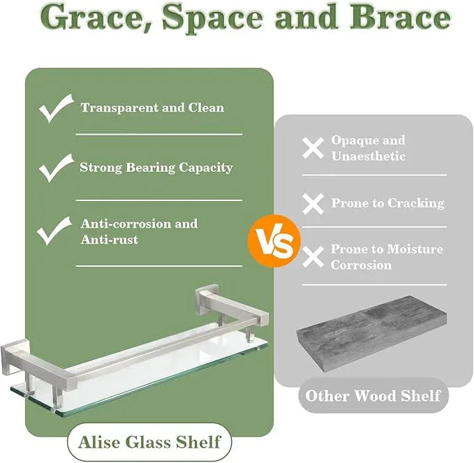 Alise Bathroom Glass Shelf with Stainless Steel Railing, Brushed Nickel Small Tempered Glass Floating Wall Shelf Over The Toilet, 16 inch - ModernBath