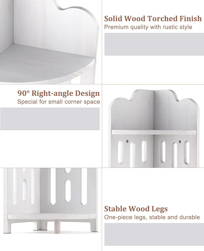 Meangood Bathroom Corner Shelf Stand, 3 Tier Solid Wood Display Shelf for Narrow Space, Shower Corner Shelf, Plant Stand Nightstand, for Living Room, Bedroom, Home Office, Elegant White