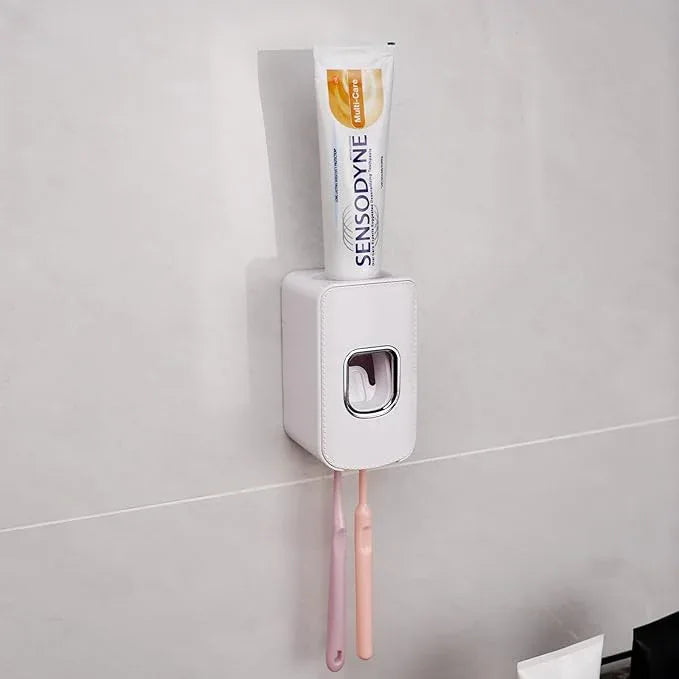 2 Slot Toothbrush Holder and Toothpaste Dispenser Wall Mounted, Automatic Toothpaste Squeezer, 2 in 1 Tooth Brush Toothpaste Organizer for Shower (White 2Pack) - ModernBath