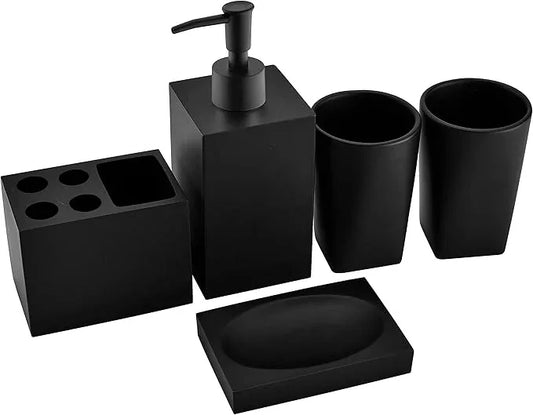 Jincrop 5-Piece Matte Black Bathroom Accessory Set - Modern Design Set with Soap Dispenser, 2 Tumbler Cups, Soap Dish & Toothbrush Holder - ModernBath