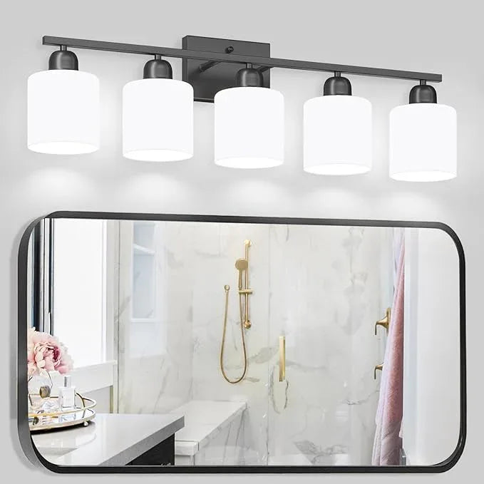 5-Light Black Bathroom Vanity Light, Black Vanity Light with Milky White Frosted Glass Shades, Modern Vanity Light Fixture for Bathroom Mirror, Bedroom, Living Room, Hallway, Vanity Table, E26 Base - ModernBath