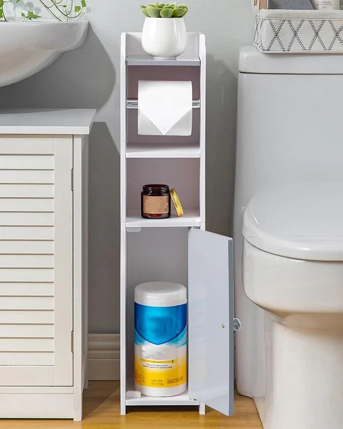 AOJEZOR Toilet Paper Holder Stand: Small Bathroom Storage Cabinet - Light Grey - White - ModernBath